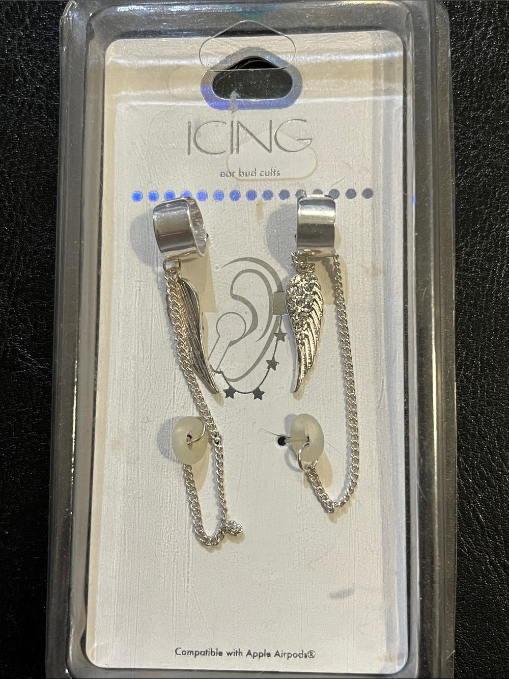 NEW in Box-ICING Silver Wing Ear Cuff Set w/Chains Compatible with Air Pods